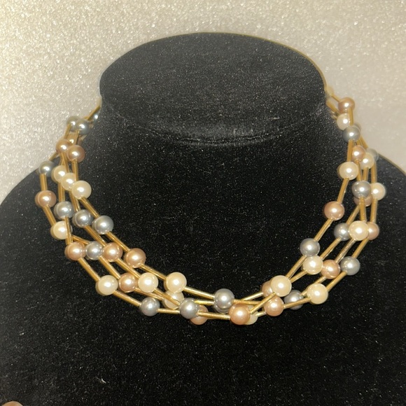 Vintage 80s Avon Floating Pearl Necklace 4 Strands Gold gray mauve cream 16" - Picture 6 of 12